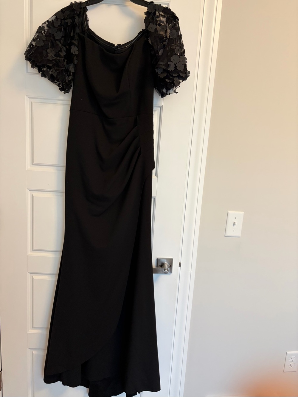 Xscape Black Maxi Dress with Floral Puff Sleeves